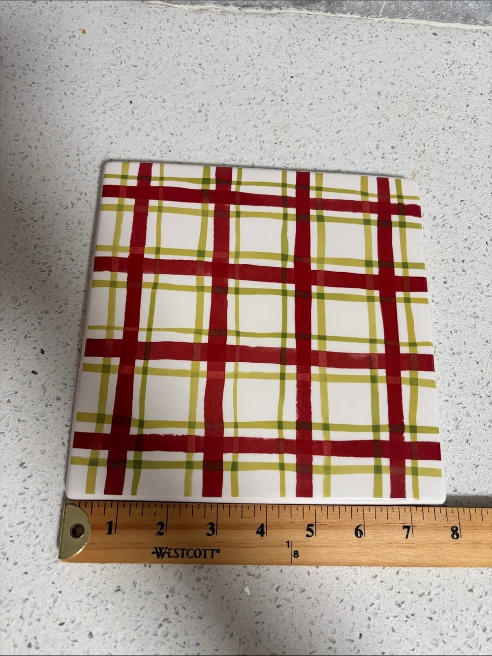 Crate & Barrel Plaid Ceramic Trivet Red White & Olive Green Set of 2 Holiday